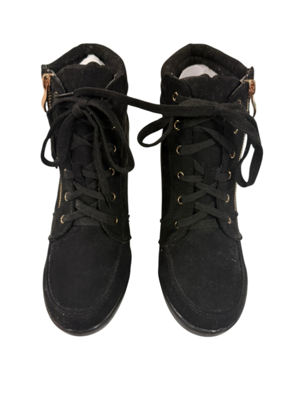 Women's Forever Brand Black Wedge Ankle Boots with Gold Zipper